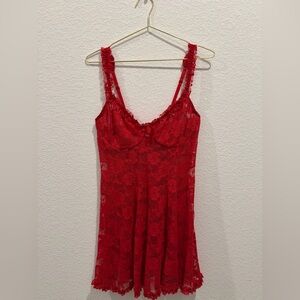 Vintage Seductivewear by Cinema Red Lace floral Chemise lingerie slip dress